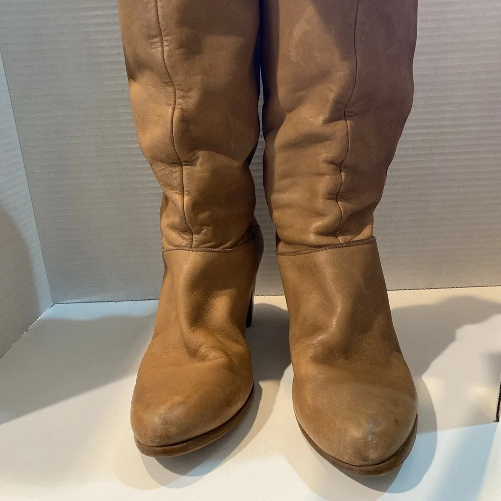 VTG Frye Women's Tan Leather Campus Boots Tall Riding Heeled‎ 8.5 Fold Over Cuff